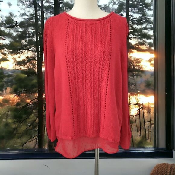 Lucky Brand Sweater S Red Layered Chiffon Long Sleeve Pullover Swiss Dot Flowy. - Picture 16 of 16